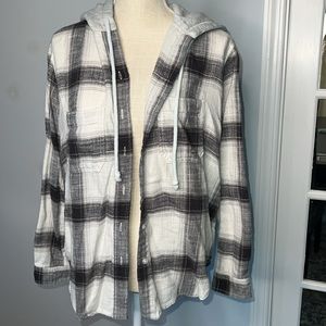 American Eagle distressed plaid button down with hood, XS